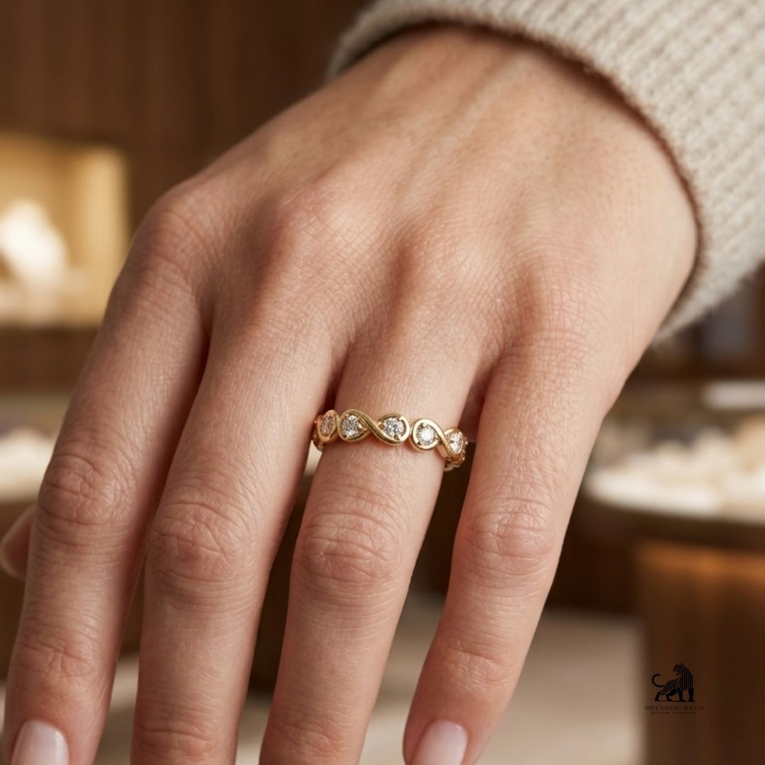 Infinity-Inspired Round Diamond Eternity Band worn on a hand