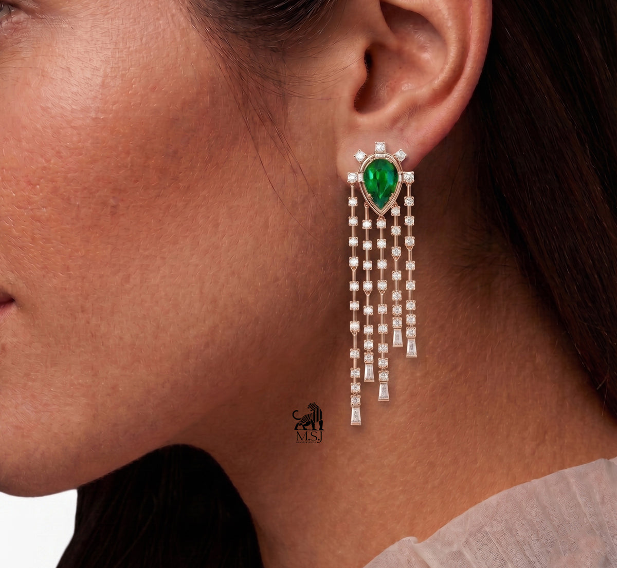 Emerald Pear-Cut Diamond Fringe Drop Earrings