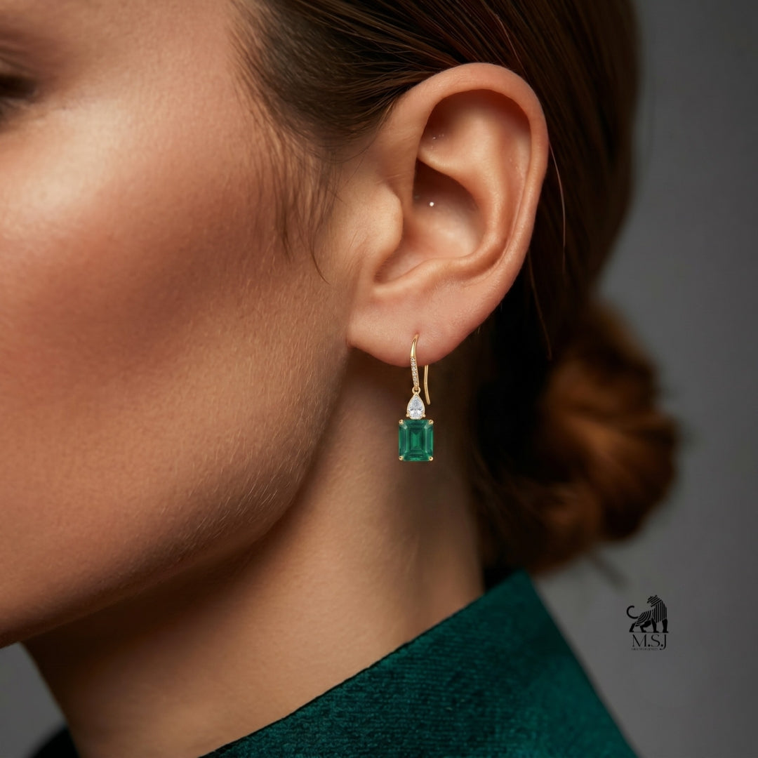 Emerald-Cut Green Gemstone Diamond Drop Earrings