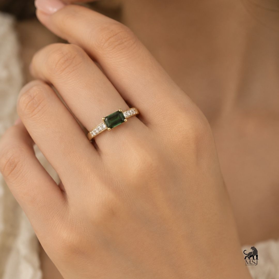 Emerald-Cut Green Gemstone Diamond Accent Ring