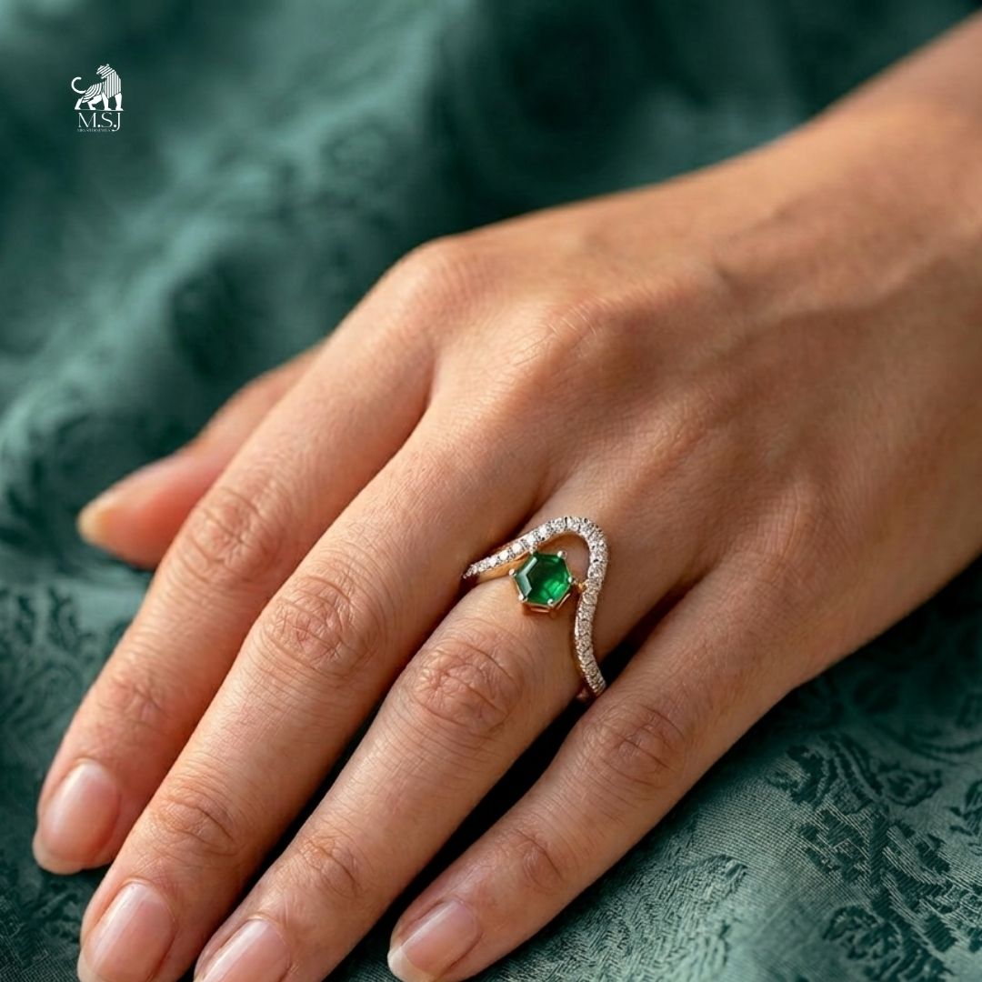 Emerald Hexagon-Cut Gemstone Diamond Chevron Ring
