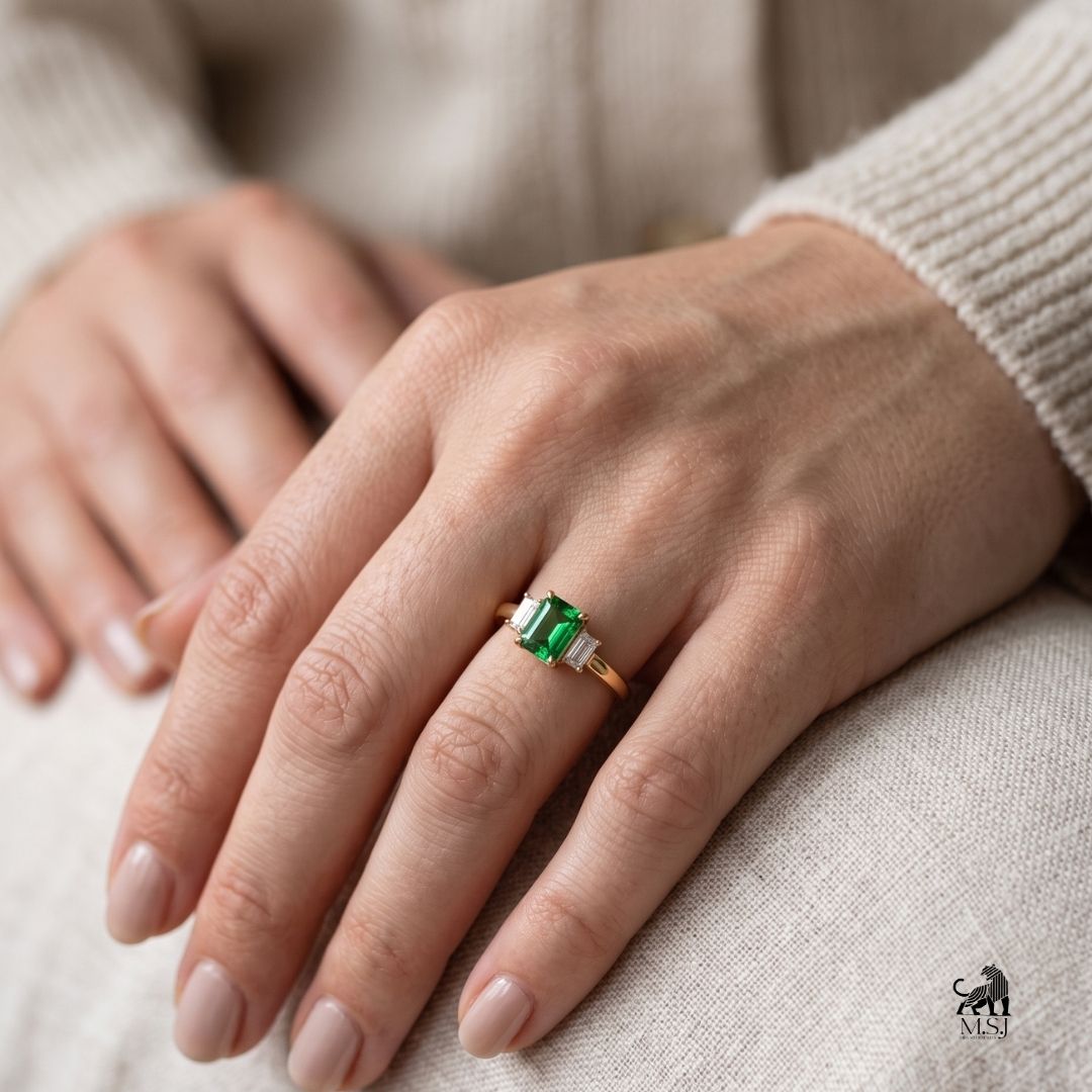 Emerald-Cut Green Gemstone Three-Stone Statement Ring
