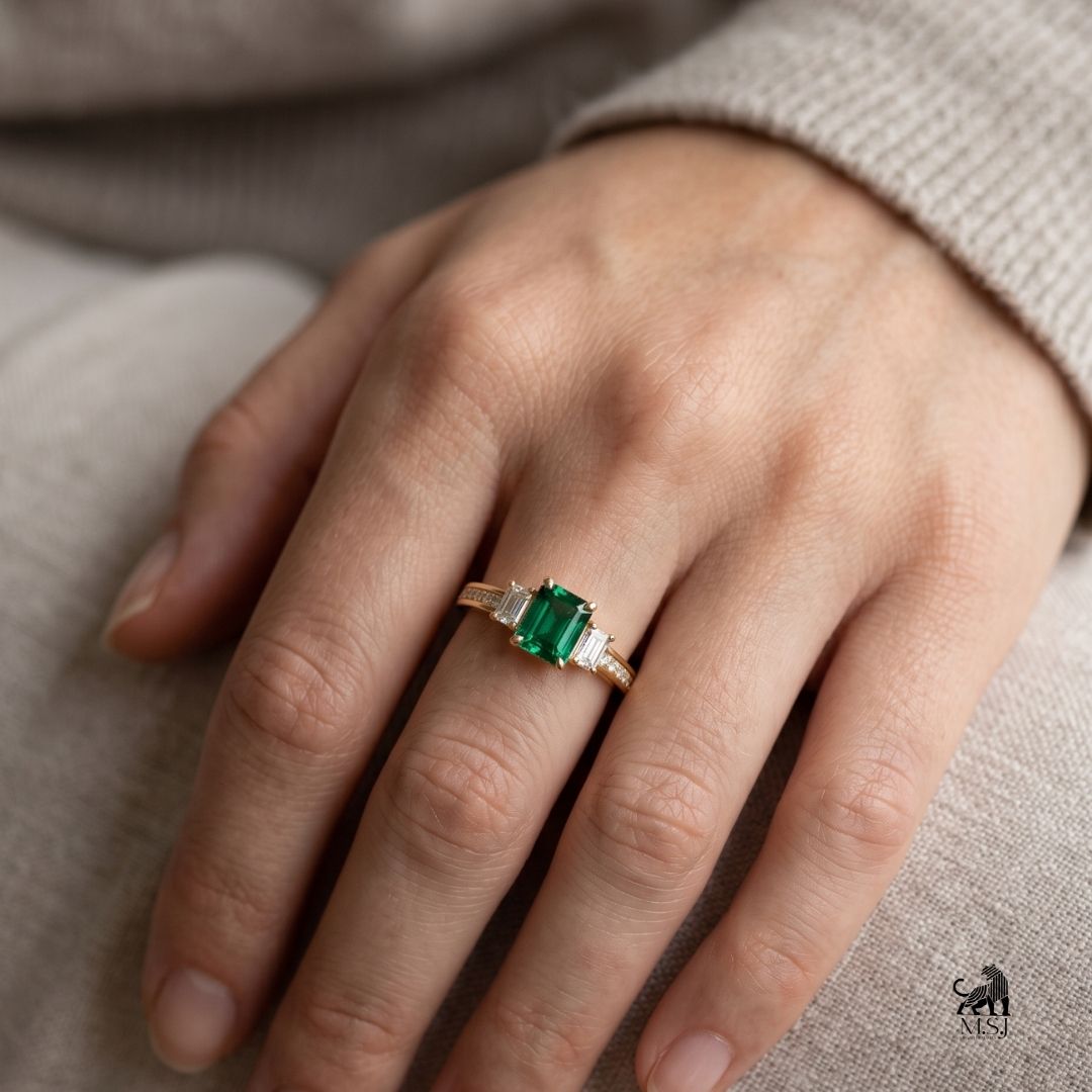 Emerald-Cut Green Gemstone Three-Stone Diamond Ring