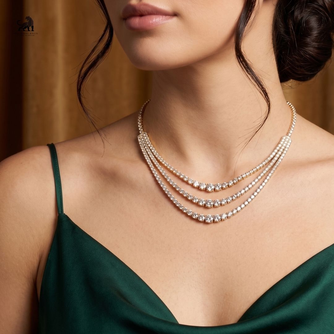 The Aurelia Three-Tier Diamond Cascade Necklace worn around the neck