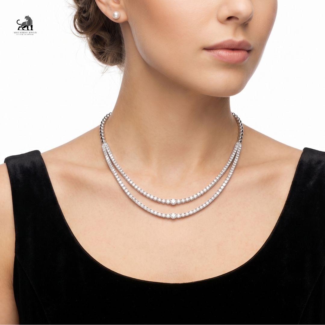 Aurelia Double Strand Diamond Necklace worn around the neck