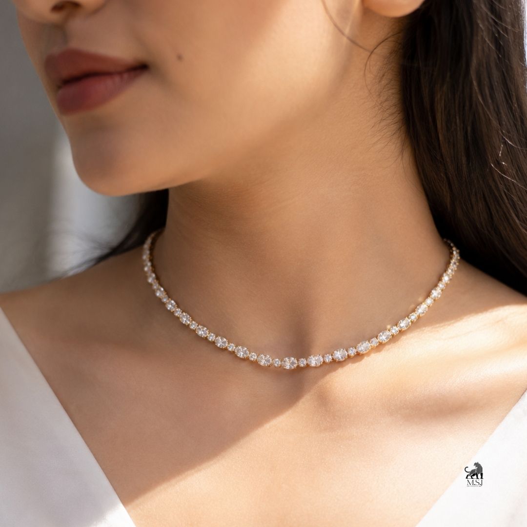 Celestine Graduated Diamond Necklace worn around the neck
