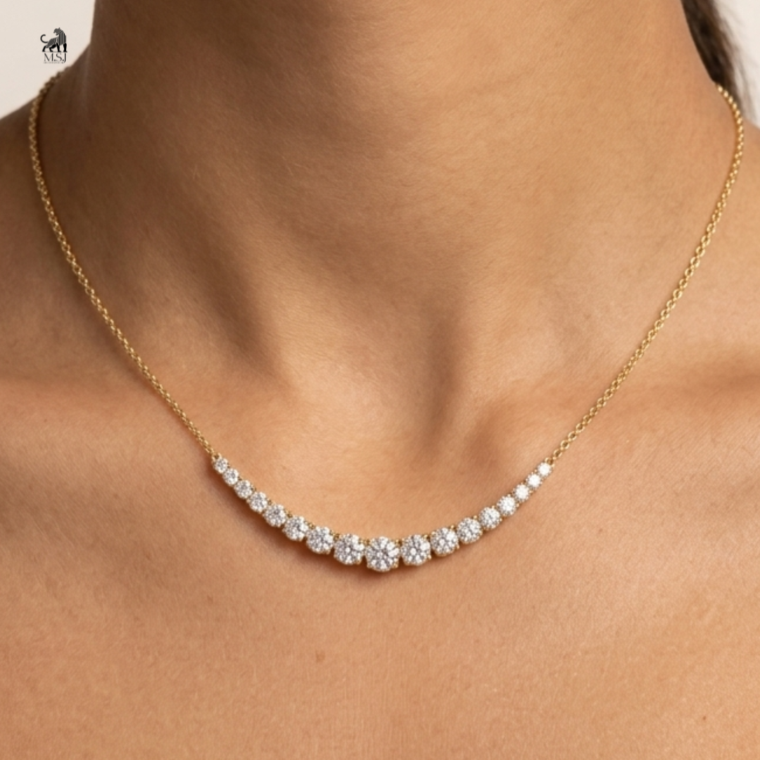 Radiant Graduated Diamond Necklace worn around the neck