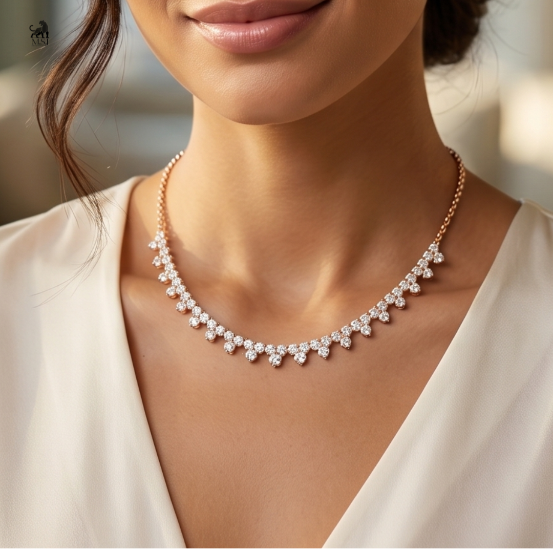 Floral Cascade Diamond Necklace worn around the neck