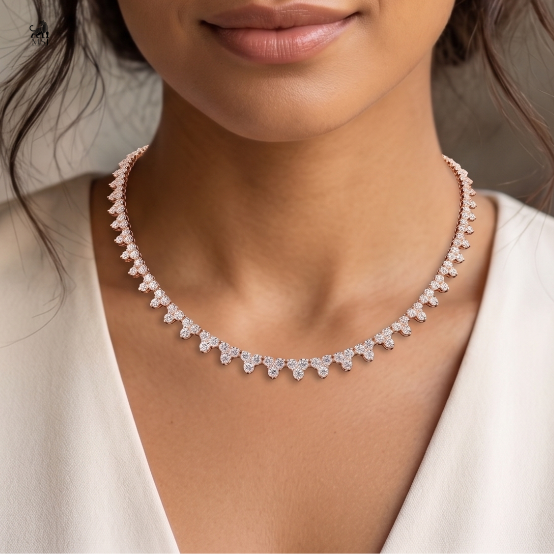 Celestial Petal Diamond Necklace worn around the neck