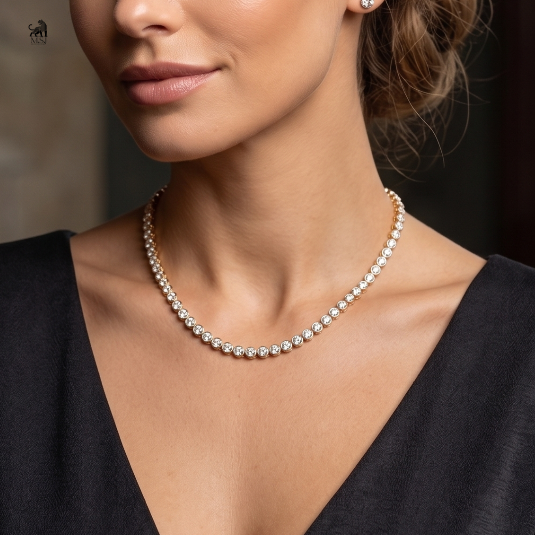 Celeste Round Diamond Tennis Necklace worn around the neck