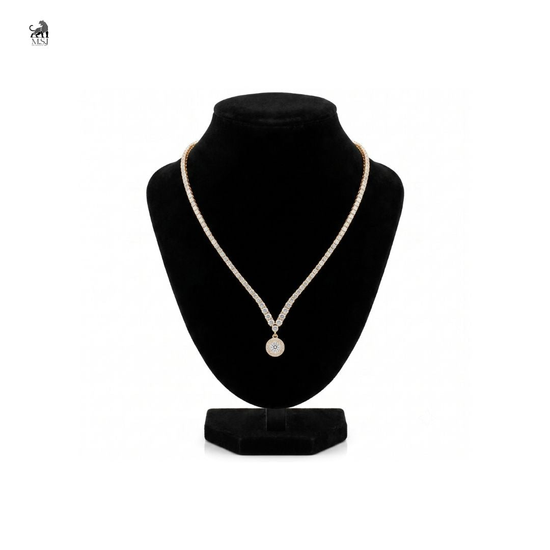 Solenne diamond halo drop necklace in yellow gold, styled product photo