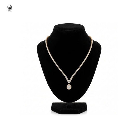 Solenne diamond halo drop necklace in yellow gold, styled product photo