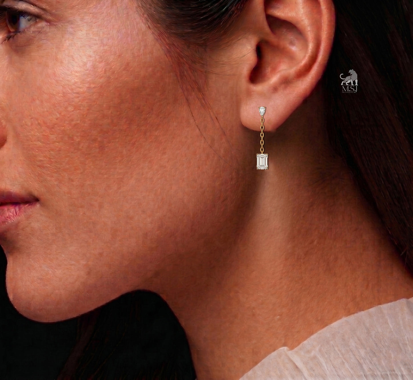Emerald Drop Chain Diamond Earrings