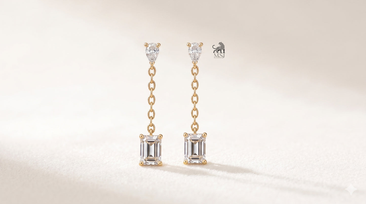 Emerald Drop Chain Diamond Earrings