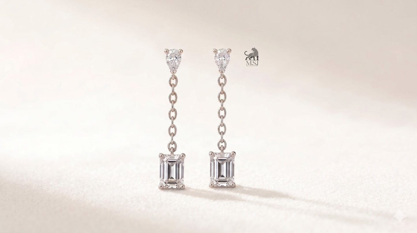 Emerald Drop Chain Diamond Earrings