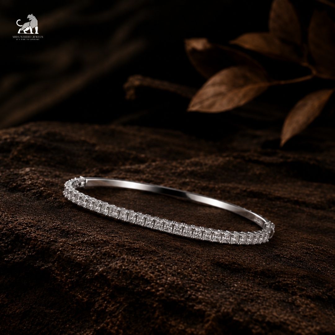 Celeste Princess-Cut Diamond Bangle - lab-grown diamond bracelet, styled product photo