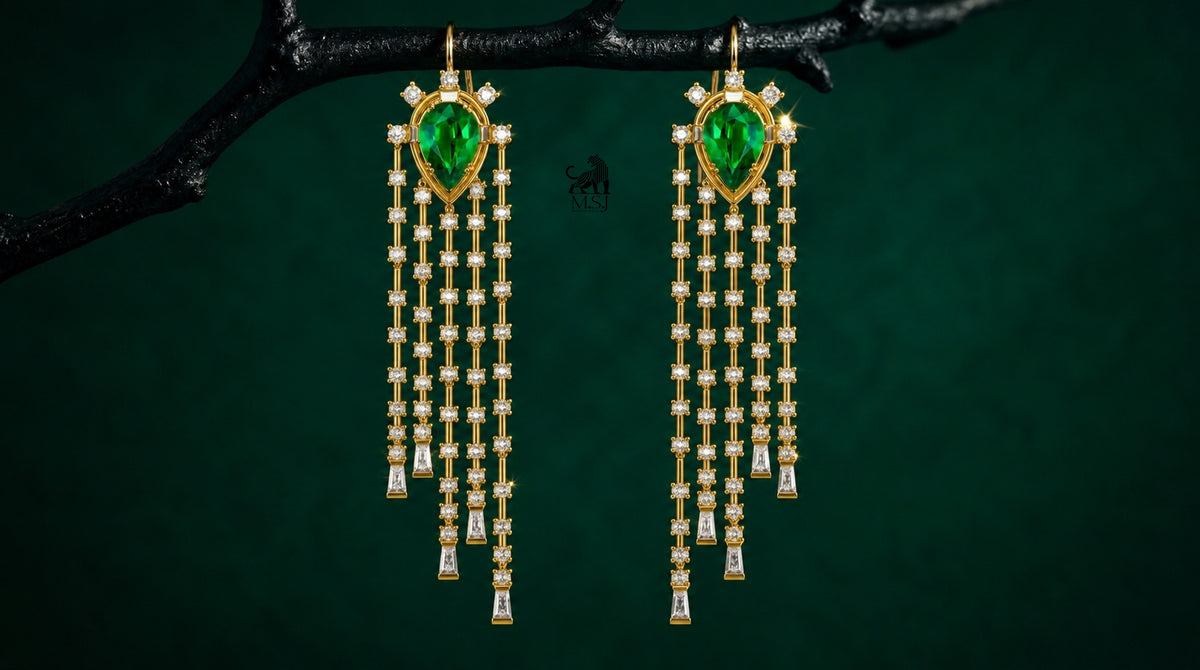 Emerald Pear-Cut Diamond Fringe Drop Earrings