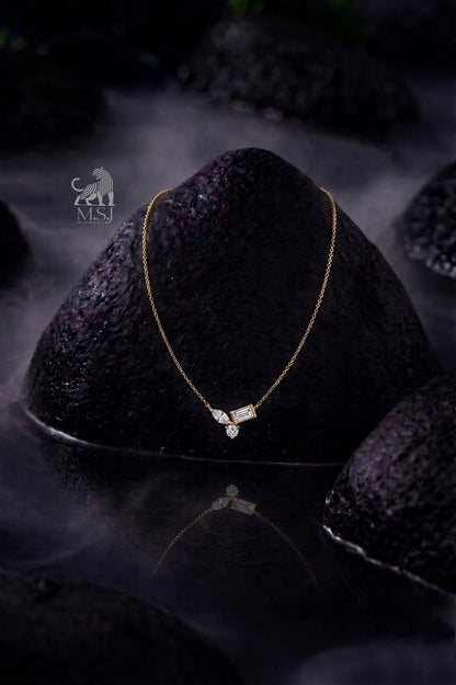 The Elara Three-Stone Diamond Necklace - lab-grown diamond necklace, styled product photo