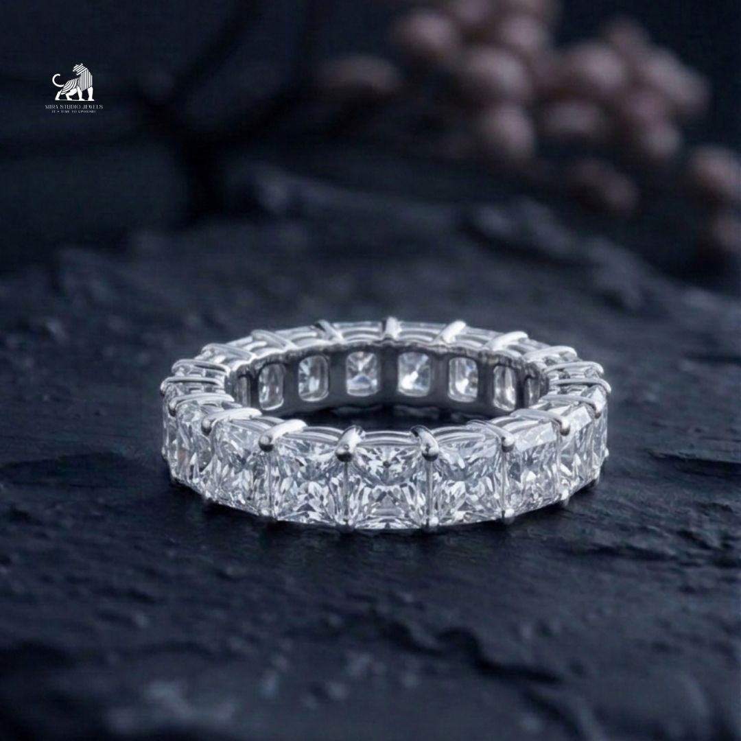 Princess Cut Diamond Eternity Ring - lab-grown diamond ring, styled product photo