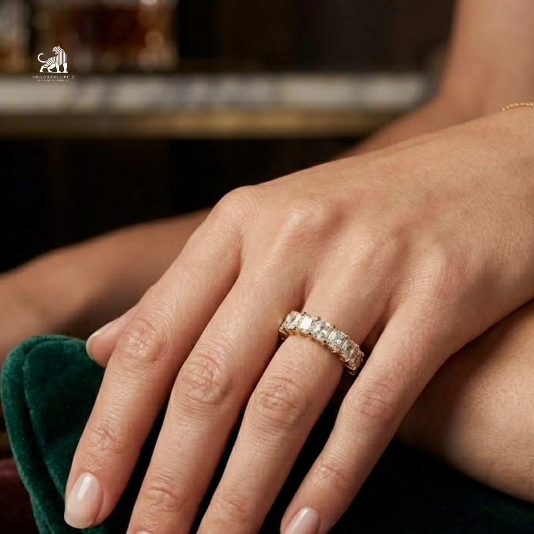 Princess Cut Diamond Eternity Ring worn on a hand