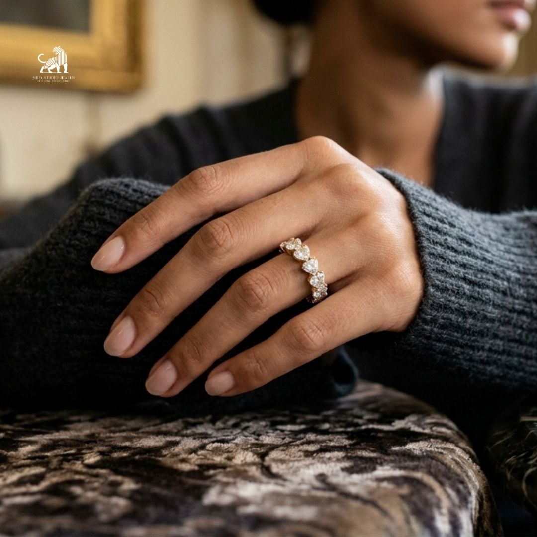 Heart Diamond Eternity Ring worn on a hand