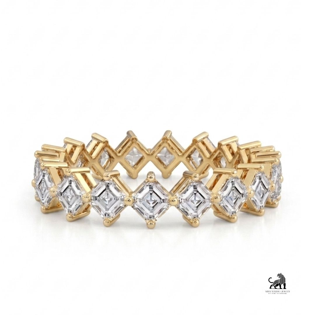 Asscher Cut Diamond Eternity Ring in yellow gold