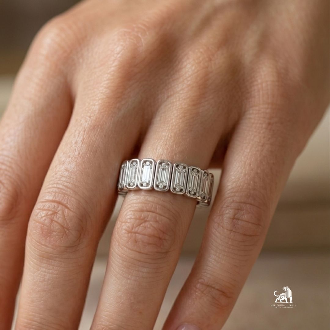 Baguette-Cut Diamond Eternity Band worn on a hand