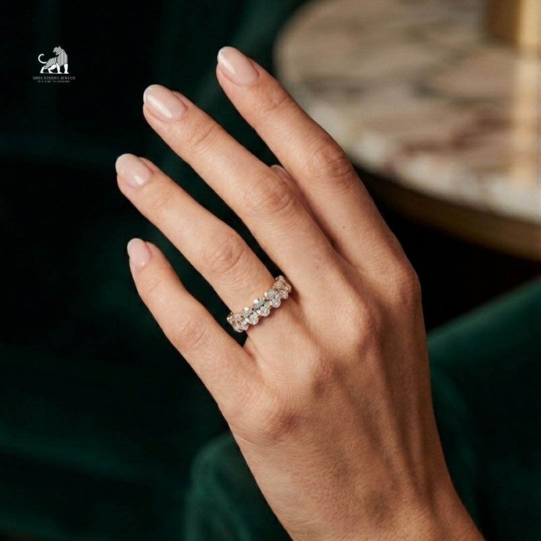 Elysian Oval Diamond Eternity Ring worn on a hand