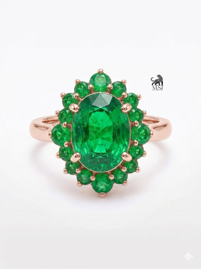 Emerald Halo Oval-Cut Gemstone Statement Ring