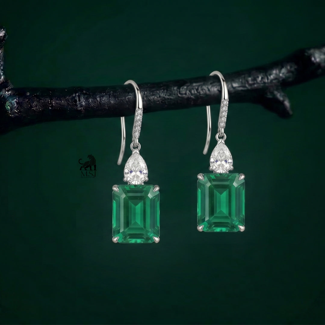 Emerald-Cut Green Gemstone Diamond Drop Earrings