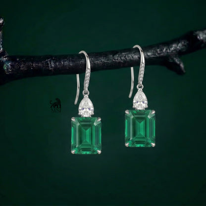 Emerald-Cut Green Gemstone Diamond Drop Earrings