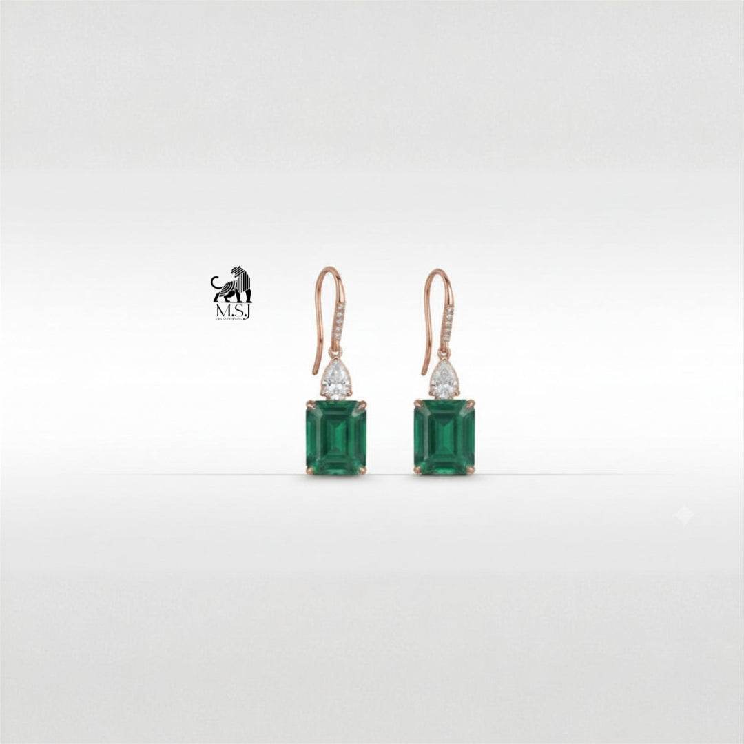 Emerald-Cut Green Gemstone Diamond Drop Earrings