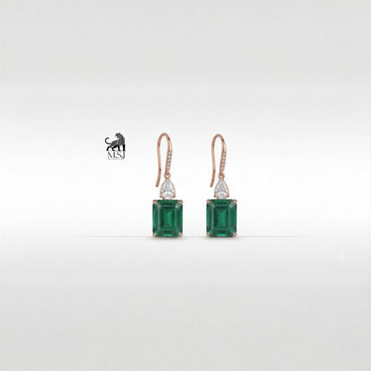 Emerald-Cut Green Gemstone Diamond Drop Earrings