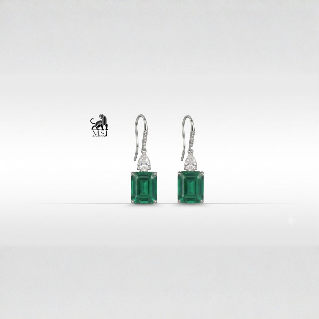 Emerald-Cut Green Gemstone Diamond Drop Earrings