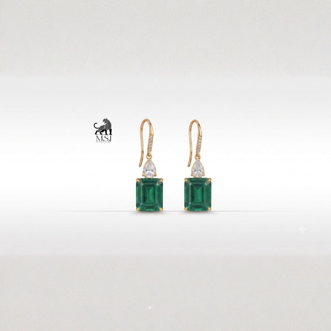 Emerald-Cut Green Gemstone Diamond Drop Earrings