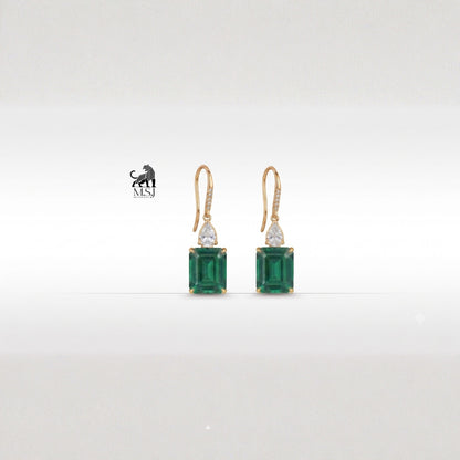 Emerald-Cut Green Gemstone Diamond Drop Earrings