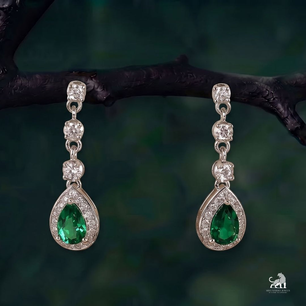 Emerald Pear-Cut Halo Diamond Drop Earrings