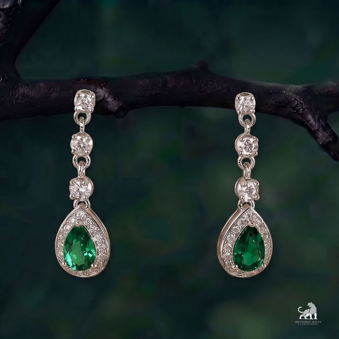 Emerald Pear-Cut Halo Diamond Drop Earrings