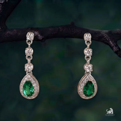 Emerald Pear-Cut Halo Diamond Drop Earrings