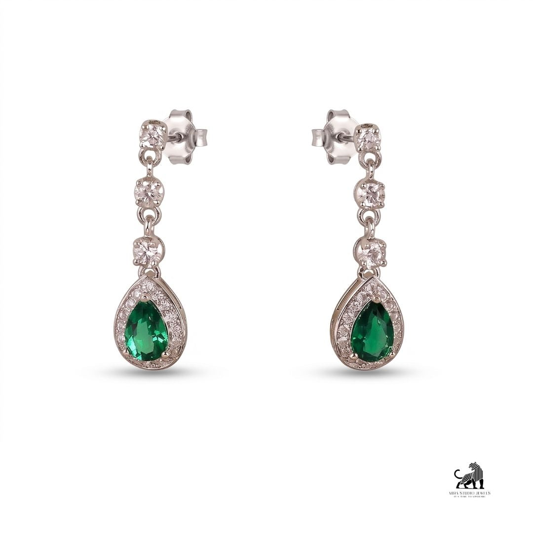 Emerald Pear-Cut Halo Diamond Drop Earrings