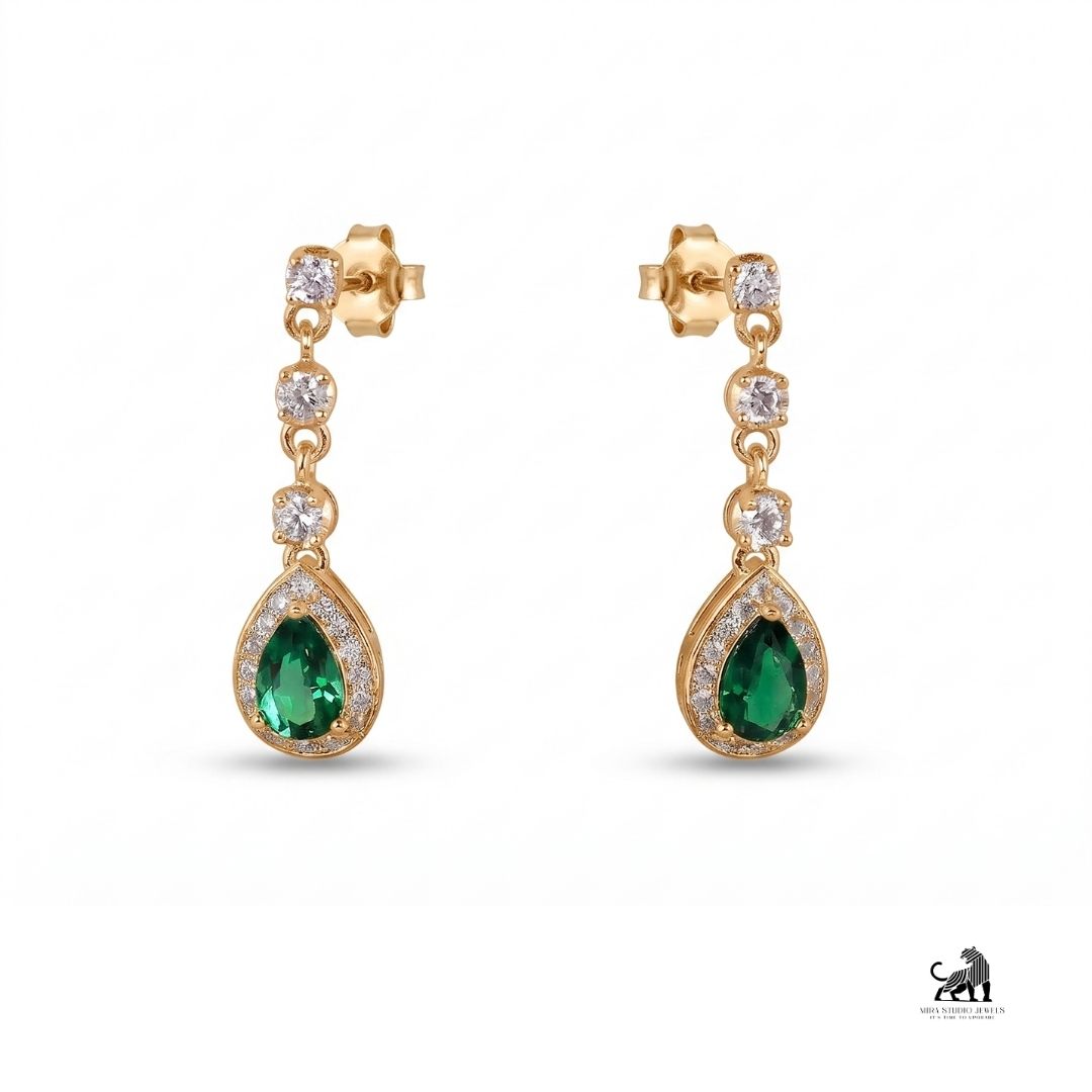 Emerald Pear-Cut Halo Diamond Drop Earrings