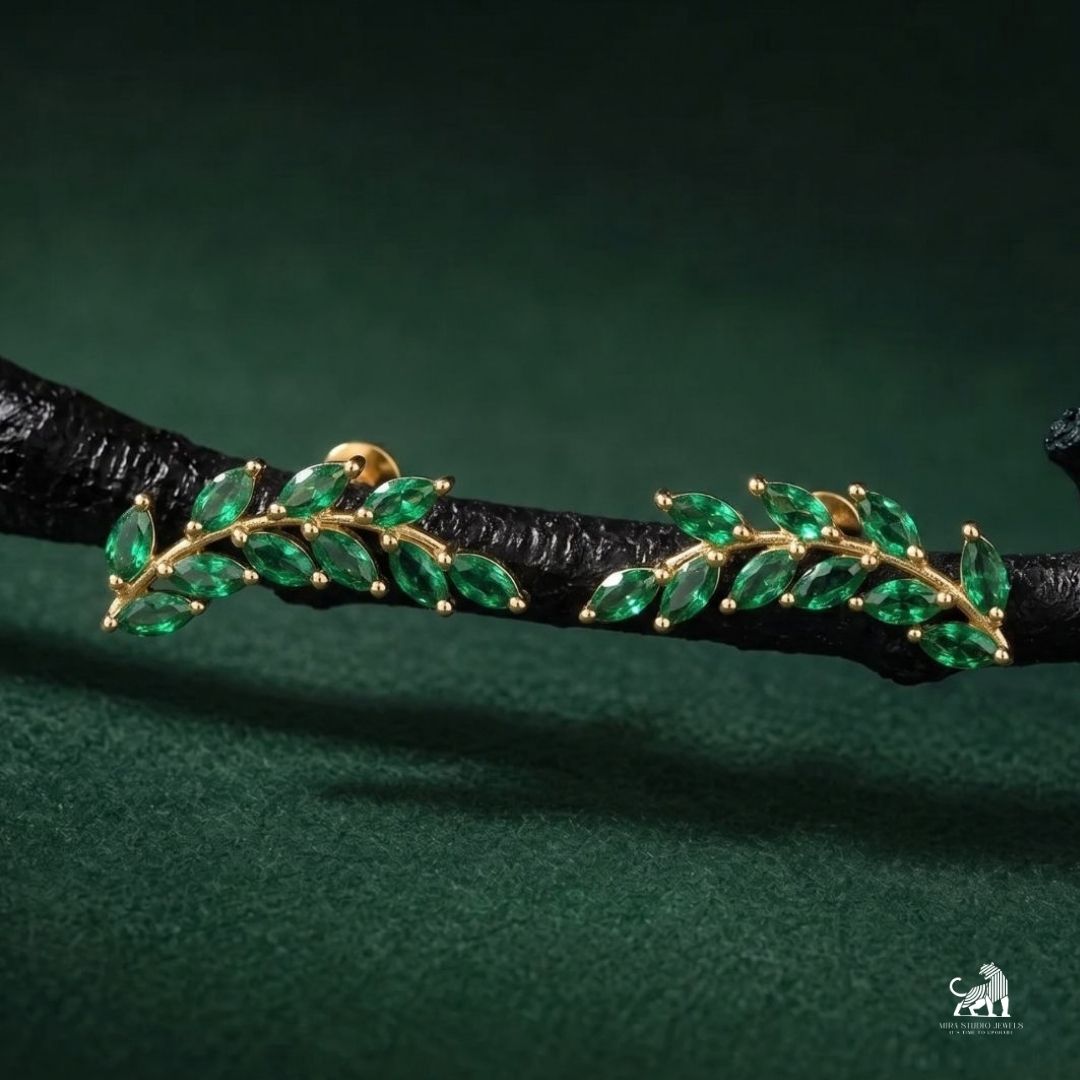 Emerald Marquise Leaf Vine Stud Earrings