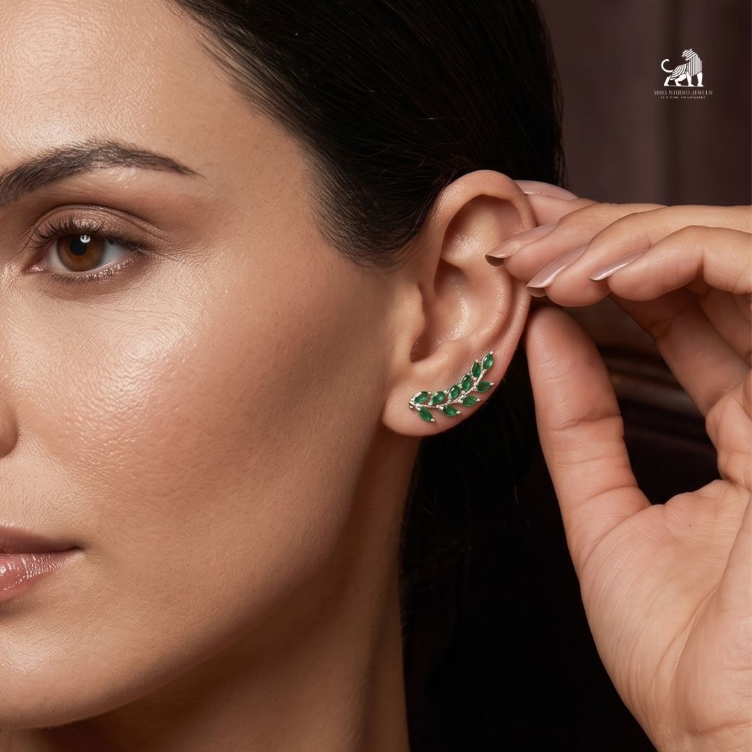 Emerald Marquise Leaf Vine Stud Earrings