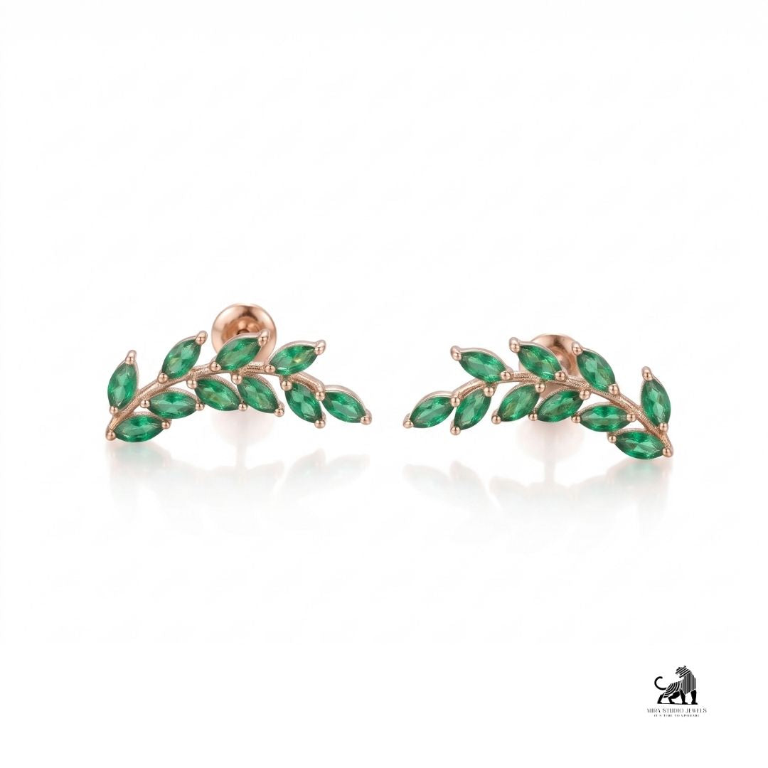 Emerald Marquise Leaf Vine Stud Earrings