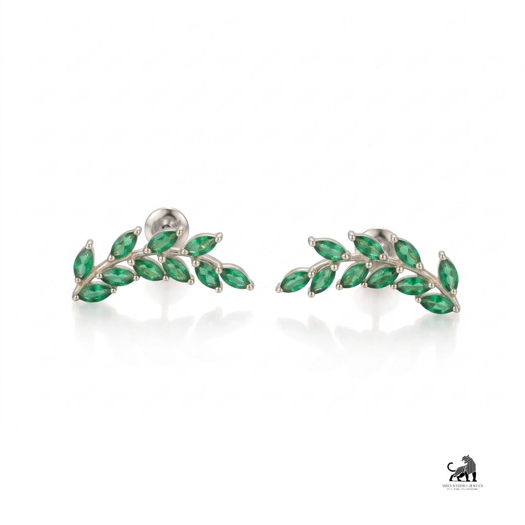 Emerald Marquise Leaf Vine Stud Earrings