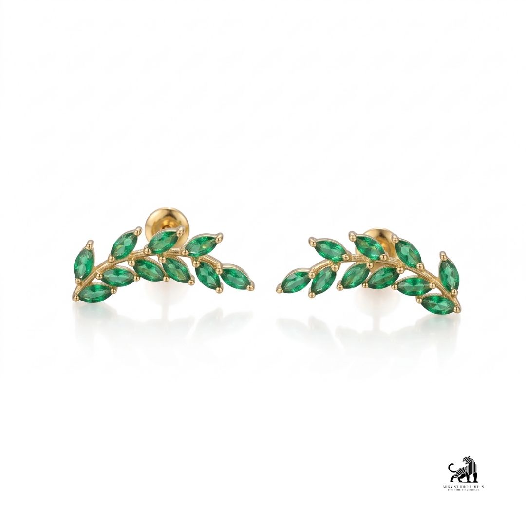 Emerald Marquise Leaf Vine Stud Earrings