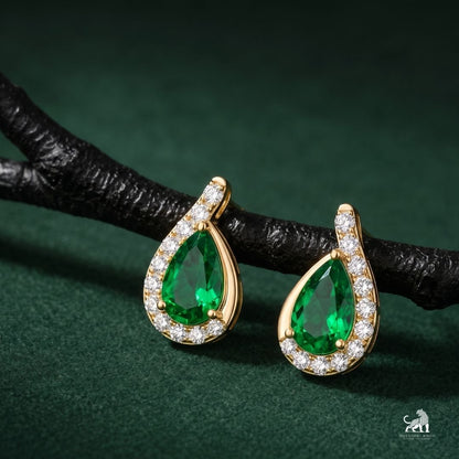 Emerald Pear-Cut Halo Diamond Drop Earrings