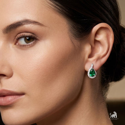 Emerald Pear-Cut Halo Diamond Drop Earrings