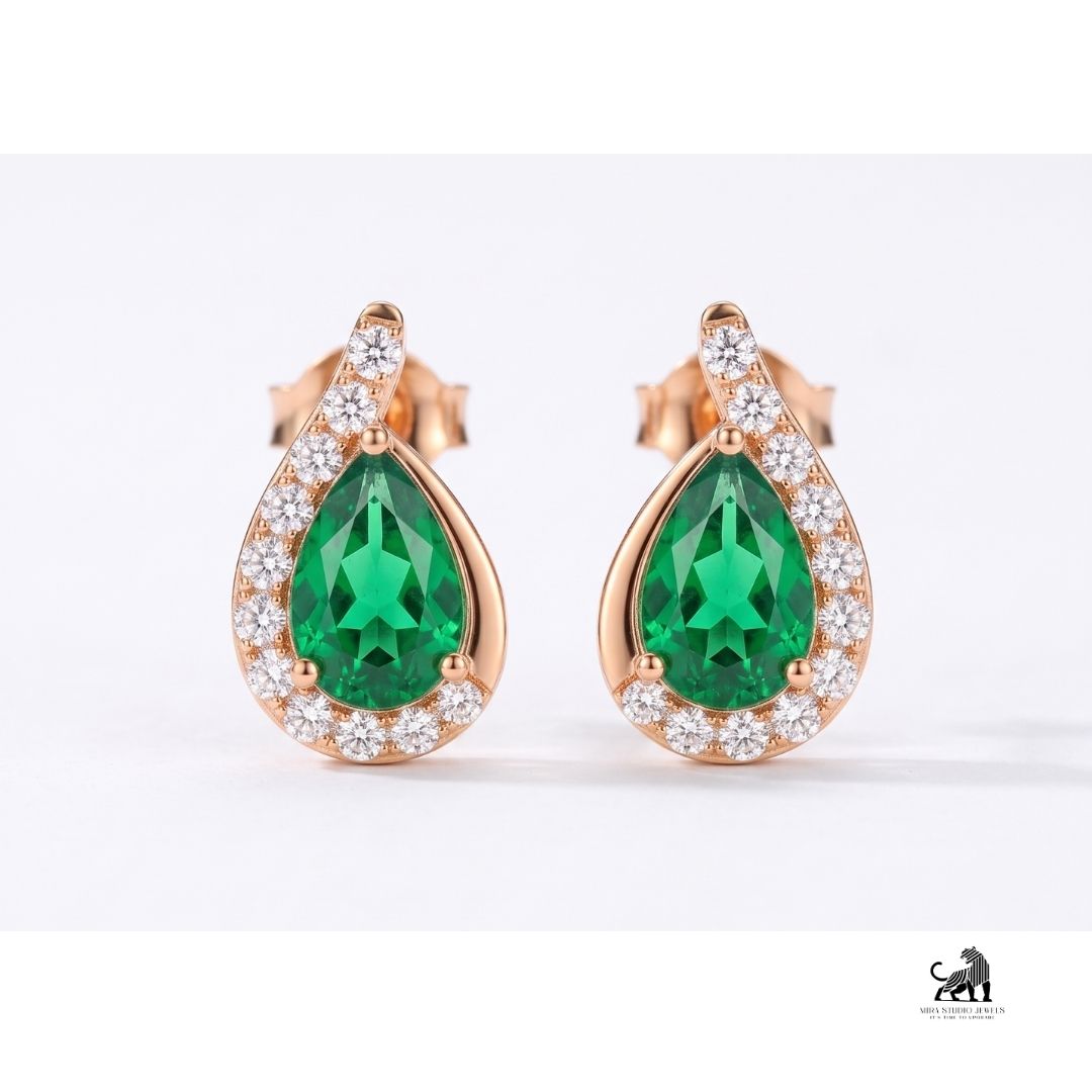 Emerald Pear-Cut Halo Diamond Drop Earrings