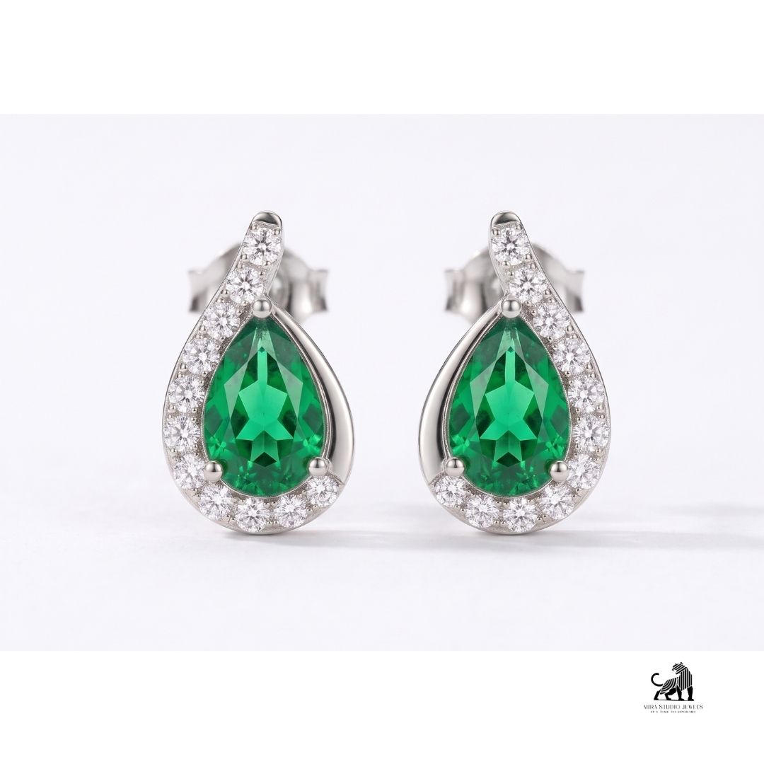 Emerald Pear-Cut Halo Diamond Drop Earrings